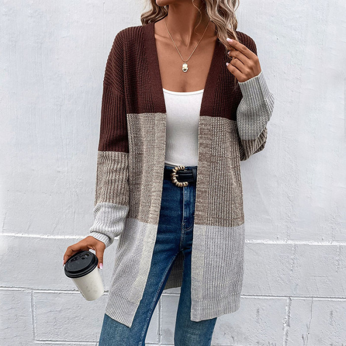 Trendy Long Sleeve Contrast Long Sweaters & Cardigans