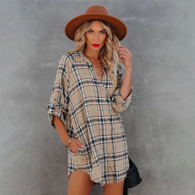 Fashion Plaid Print V-Neck Long Sleeve Shirt Mini Dresses