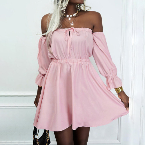 Solid Color Long Sleeve Slash Neck High Waist Elegant Mini Dresses
