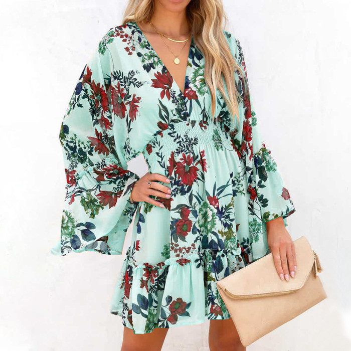 Fashion Print Flared Long Sleeve V-Neck Panel Casual Mini Dresses