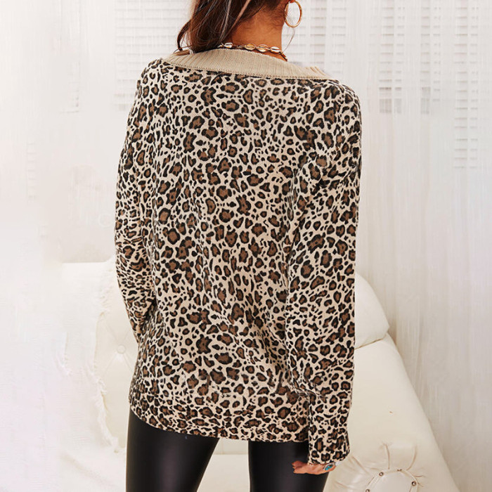 Leopard Print Long Sleeve V-Neck Loose Casual Sweaters & Cardigans