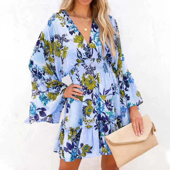 Fashion Print Flared Long Sleeve V-Neck Panel Casual Mini Dresses