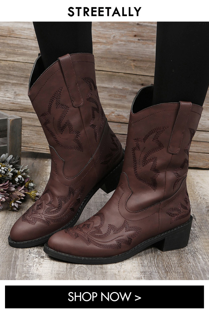 Large Size Ethnic Style Thick Heel Slip-On Mid Tube Knight Boots