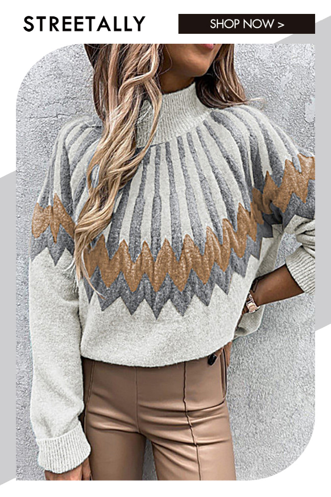 Printed Turtleneck Long Sleeves Loose Casual Sweaters & Cardigans