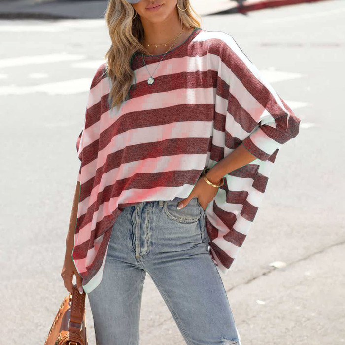 Striped Print Doll Sleeves Loose Casual Blouses & Shirts