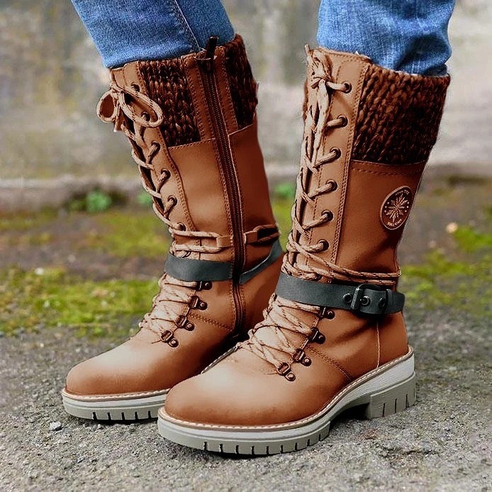 Fashion Large Size Round Head Square Heel Leather Buckle Yarn Stitching Boots