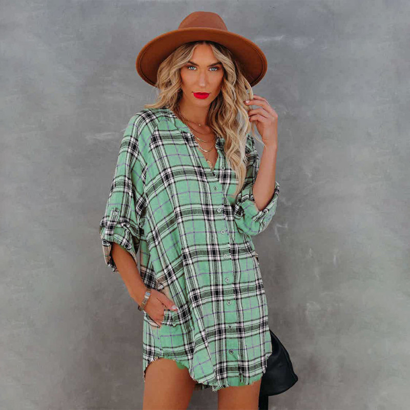 Fashion Plaid Print V-Neck Long Sleeve Shirt Mini Dresses