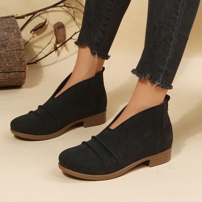 Ruffled Block Heel Casual Chelsea Boots Plus Size Round Toe Ankle Boots