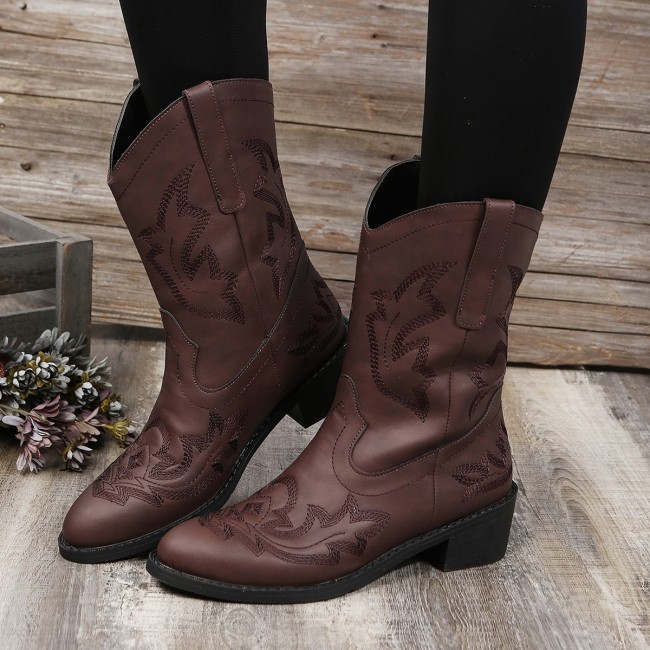 Large Size Ethnic Style Thick Heel Slip-On Mid Tube Knight Boots