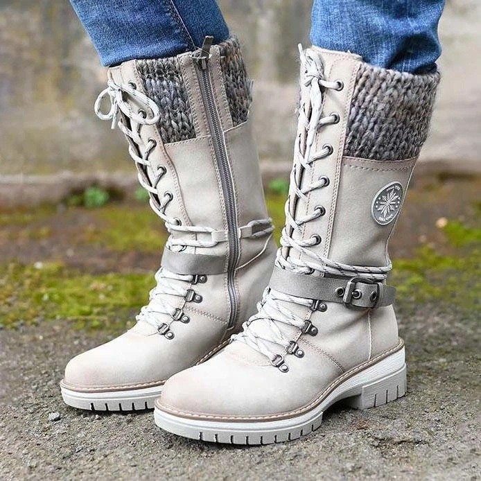 Fashion Large Size Round Head Square Heel Leather Buckle Yarn Stitching Boots