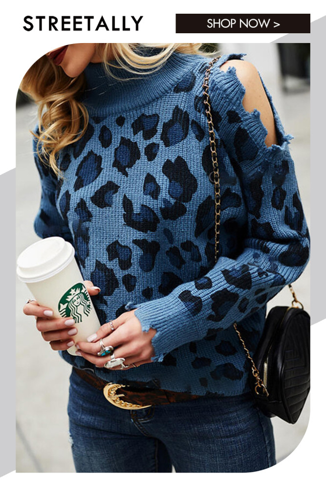 Leopard Print Turtleneck Long Sleeve Off Shoulder Casual Loose Sweaters & Cardigans