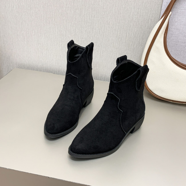 Denim Pointed Toe Chunky Heel Slip-On Short Boots