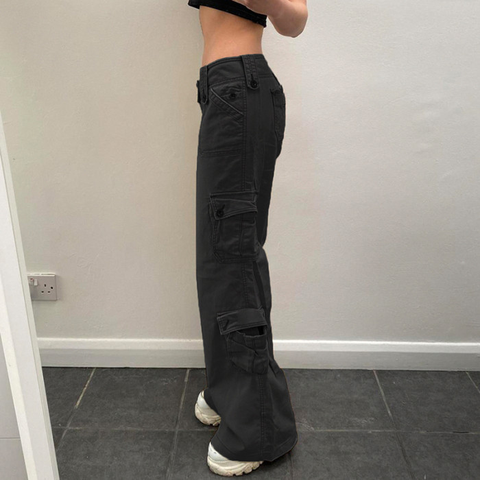 Women Y2K Streetwear Pockets Sweat Pant Vintage Mid Waist Drawstring Loose Cargo Pants