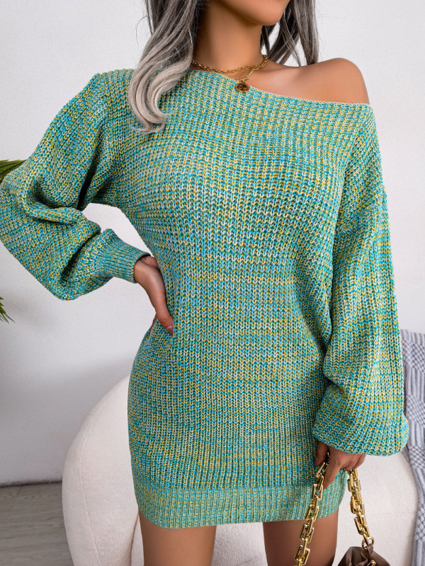 Casual Off-the-Shoulder Colorful Balloon Sleeves Sweater Dresses