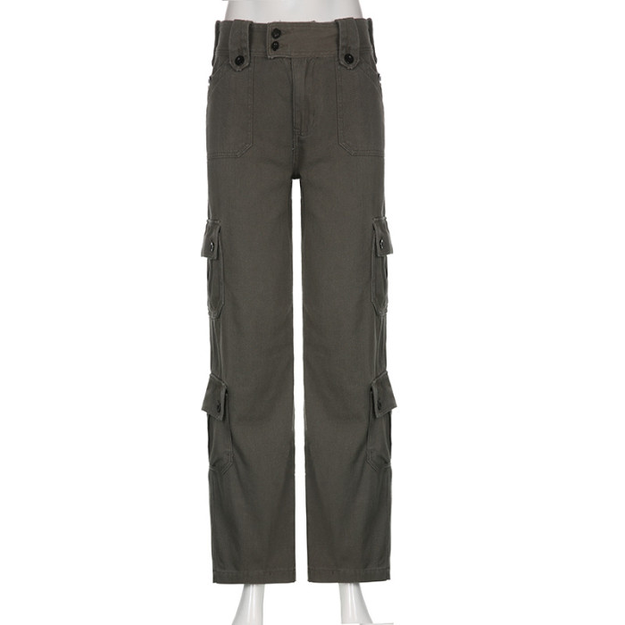 Women Y2K Streetwear Pockets Sweat Pant Vintage Mid Waist Drawstring Loose Cargo Pants