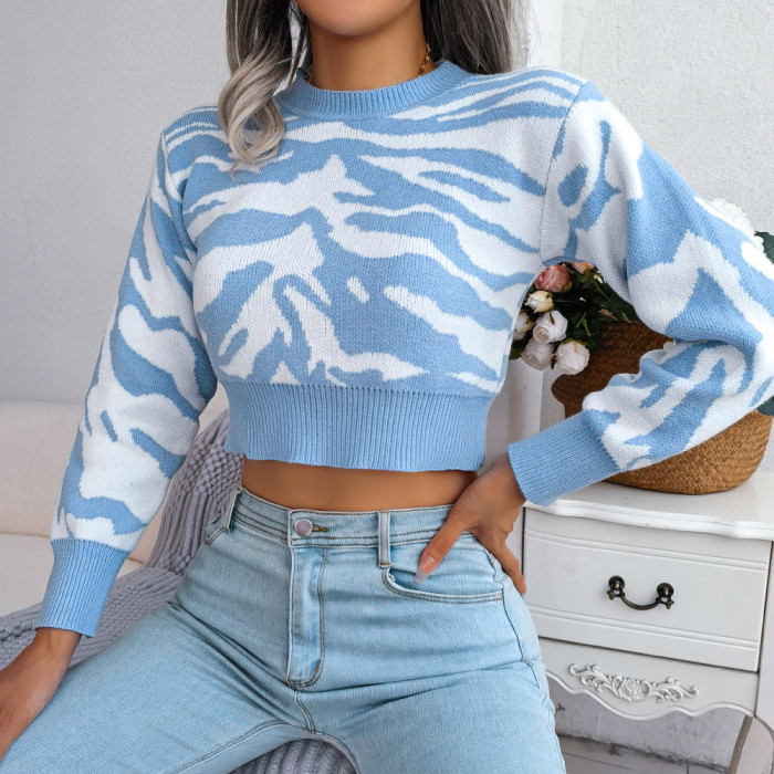 Trendy Tiger Print Long Sleeve Crop Neck Sweaters & Cardigans