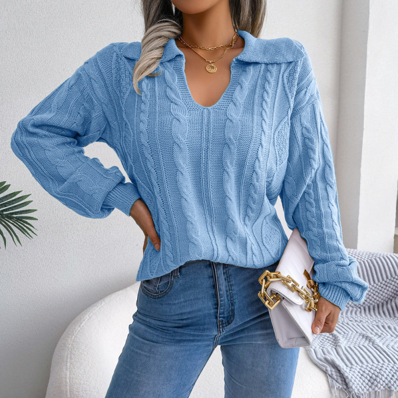 Casual Lapel Hemp Balloon Sleeves Sweaters & Cardigans