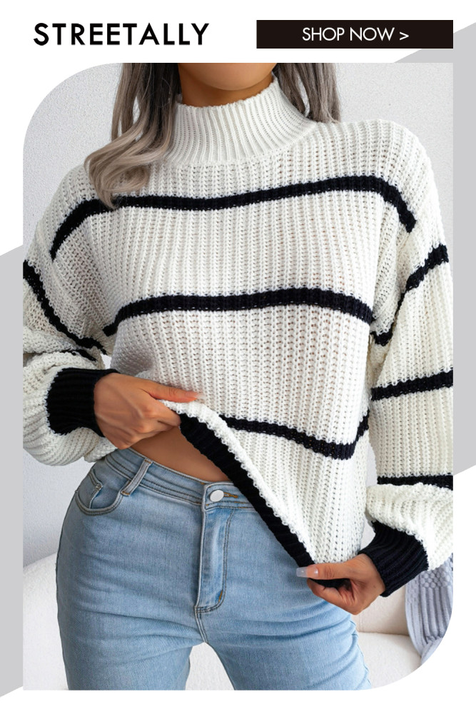 Casual Striped Balloon Sleeve Turtleneck Sweaters & Cardigans