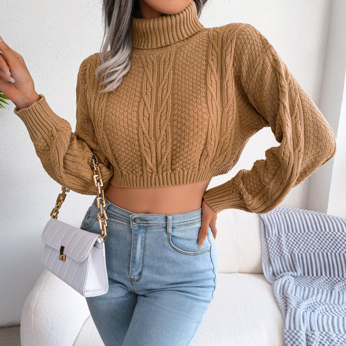 Casual Linen Long Sleeve High Neck Crop Sweaters & Cardigans