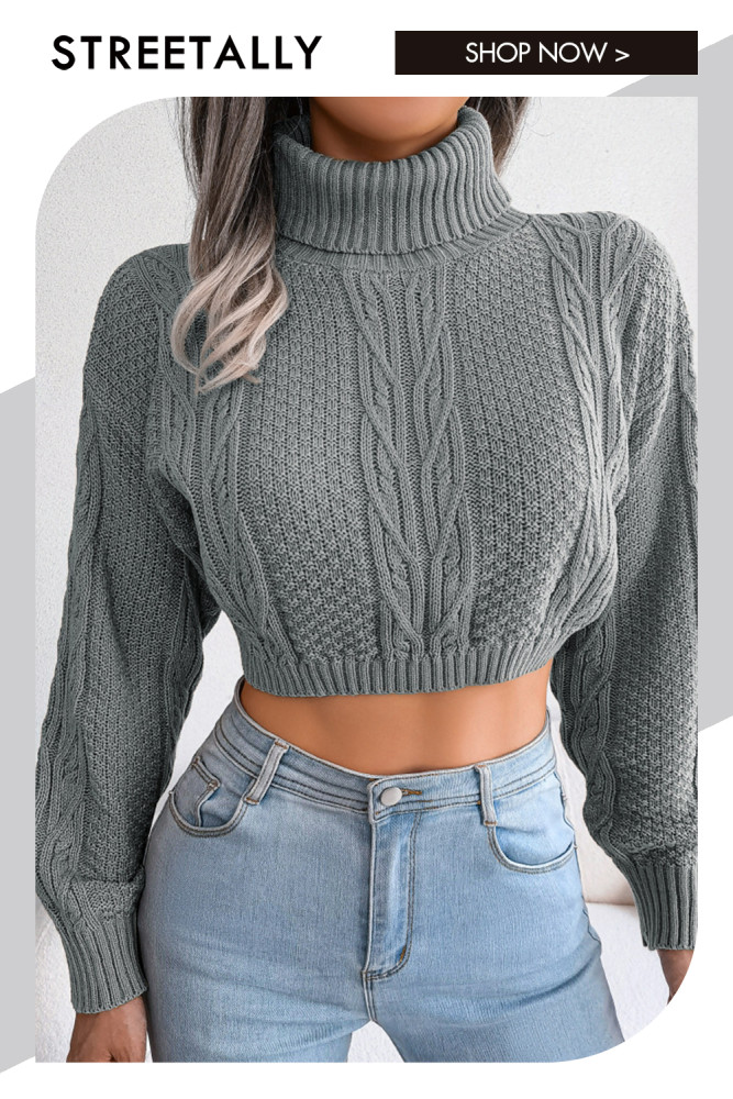 Casual Linen Long Sleeve High Neck Crop Sweaters & Cardigans