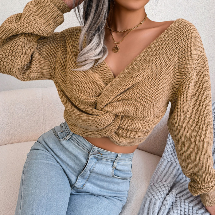 Long Sleeve Knotted Crop Knit V-Neck Sweaters & Cardigans
