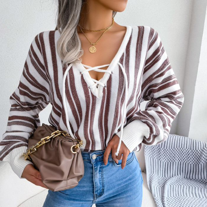 Contrasting Stripe Lantern Sleeve Pullover Sweaters & Cardigans