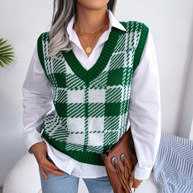 Casual Color Contrast Plaid V-neck Fashion Vest Sweaters & Cardigans
