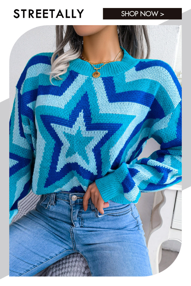 Fashion Color Contrast Star Long-sleeved Pullover Half-high Collar Sweaters & Cardigans