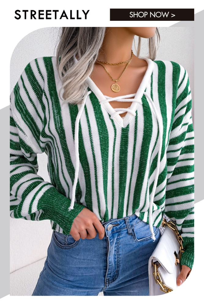Contrasting Stripe Lantern Sleeve Pullover Sweaters & Cardigans