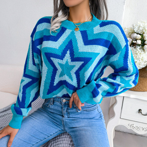 Fashion Color Contrast Star Long-sleeved Pullover Half-high Collar Sweaters & Cardigans