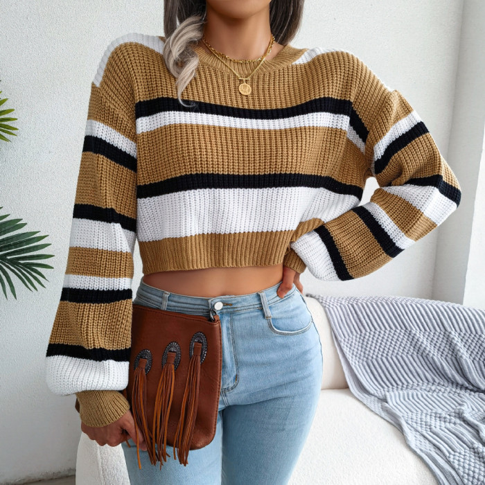 Casual Striped Long-sleeved Navel Stitch Round Neck Sweaters & Cardigans