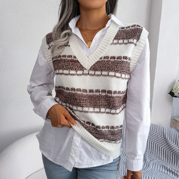 Fashion V-neck Colorful Striped Knitted Vest Sweaters & Cardigans