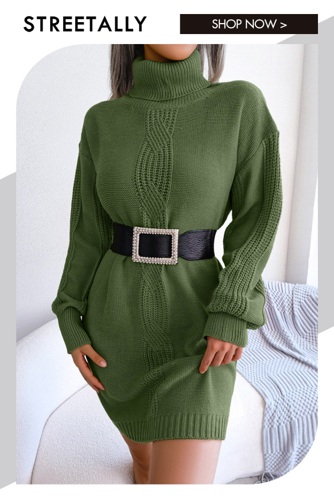 Casual High Neck Twist Lantern Sleeve Base Solid Color Fashion Sweater Dresses