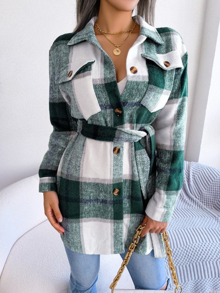 Casual Contrast Color Plaid Long Sleeve Strap Thick Wool Coats