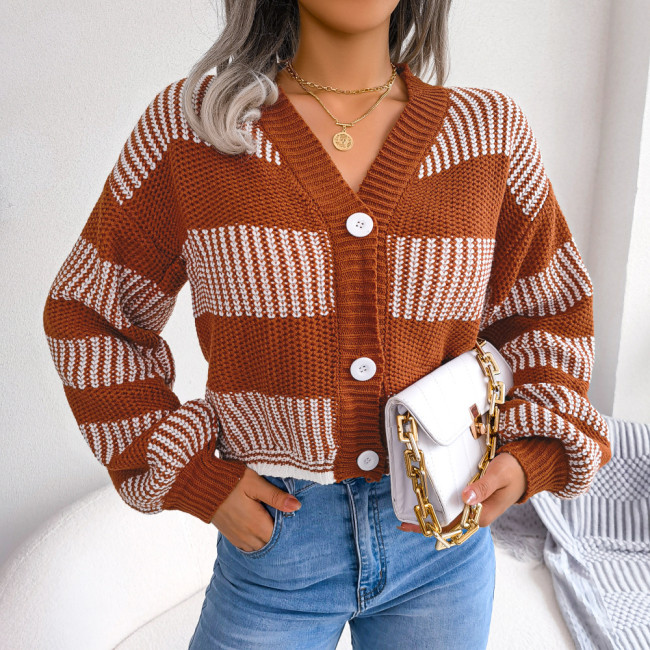 Fashion Color Contrast Striped Lantern Sleeve Short Sweaters & Cardigans