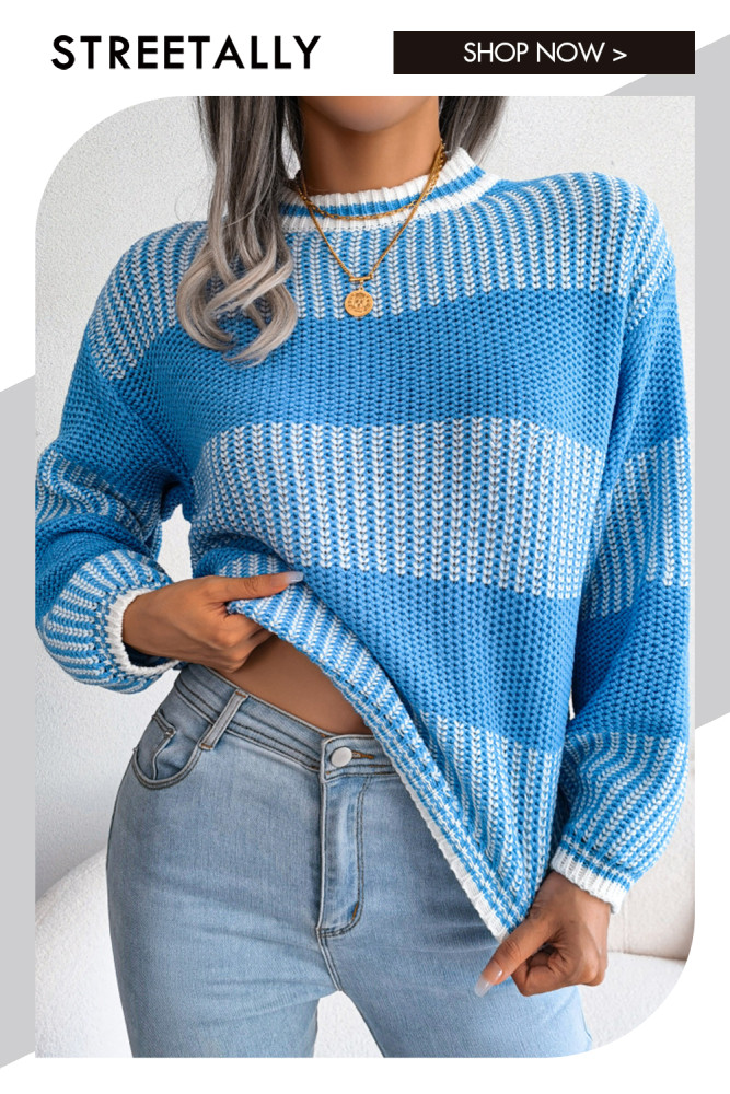 Casual Color Contrast Stripe Long Sleeve Round Neck Sweaters & Cardigans