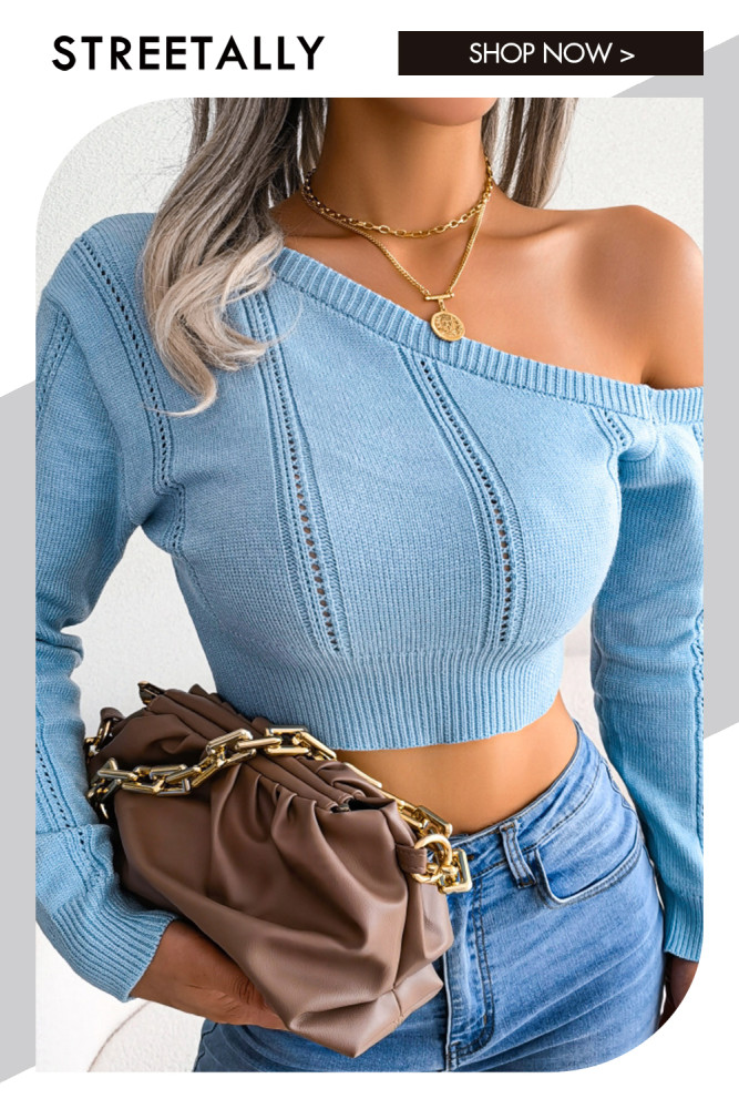 Casual Hollow Strapless Long Sleeve Navel Neck Sweaters & Cardigans