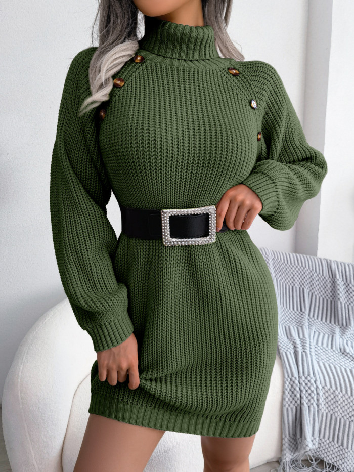 Casual Button Down Turtleneck Long Sleeve Base Layer Sweater Dresses