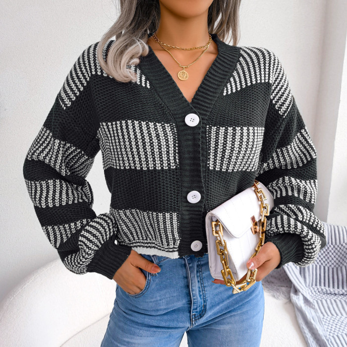 Fashion Color Contrast Striped Lantern Sleeve Short Sweaters & Cardigans