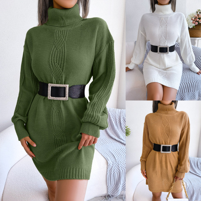 Casual High Neck Twist Lantern Sleeve Base Solid Color Fashion Sweater Dresses