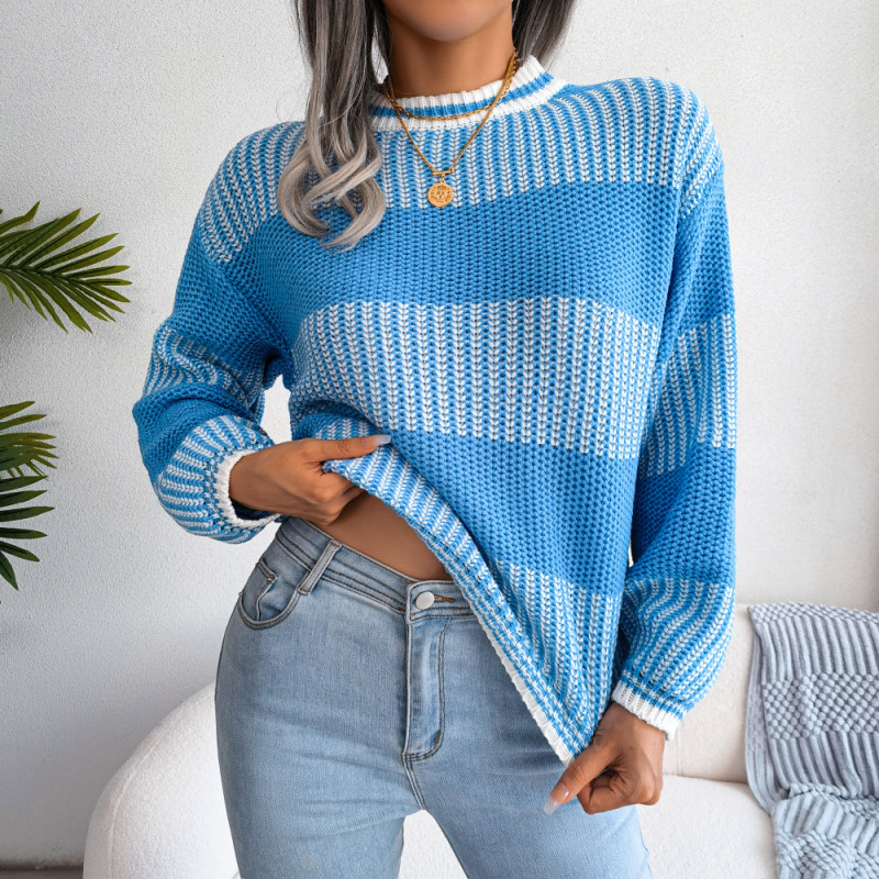 Casual Color Contrast Stripe Long Sleeve Round Neck Sweaters & Cardigans
