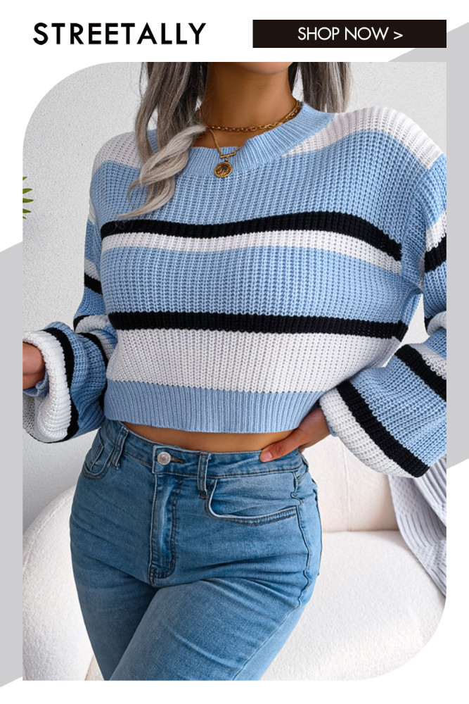 Casual Striped Long-sleeved Navel Stitch Round Neck Sweaters & Cardigans