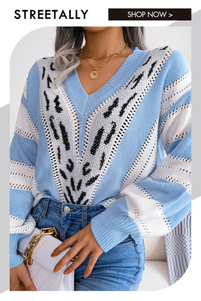 Contrasting Color Leopard Pattern Lantern Sleeve V-neck Fashion Sweaters & Cardigans