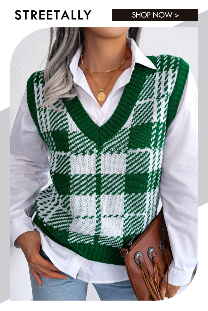 Casual Color Contrast Plaid V-neck Fashion Vest Sweaters & Cardigans
