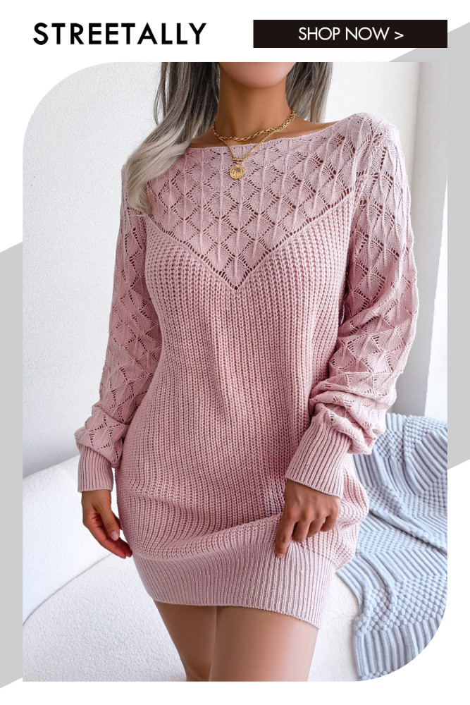Fashion Hollow Outer Neck Long Sleeve Pullover Solid Color Sweater Dresses