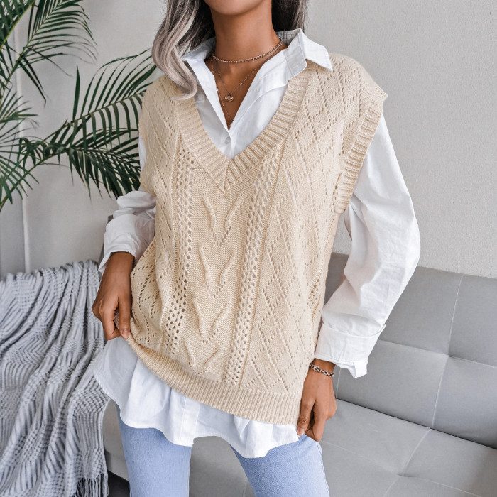 Hollow twist V-neck knitted vest Sweaters & Cardigans