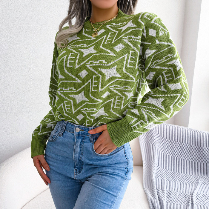 Contrasting Color Star Long Sleeve Casual Round Neck Sweaters & Cardigans