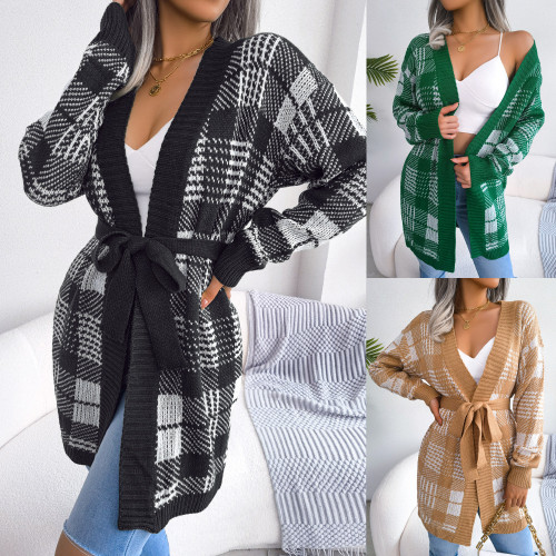 Plaid Tie Balloon Sleeves Casual Sweaters & Cardigans