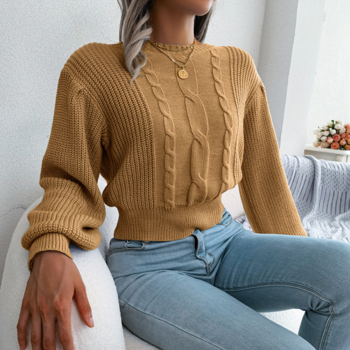 Casual Twisted Lantern Sleeves Round Neck Sweaters & Cardigans