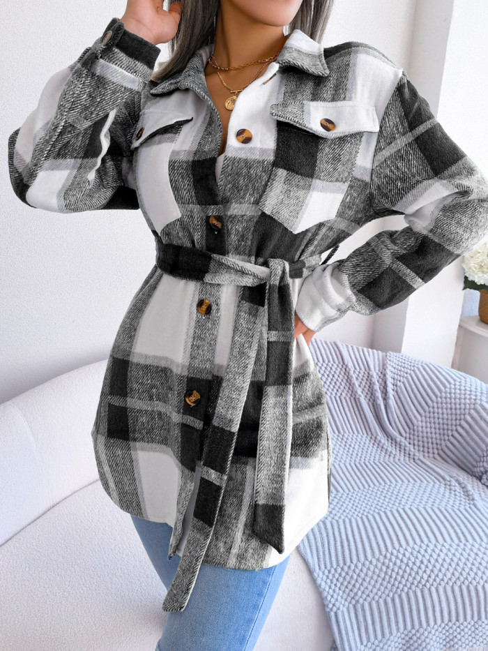 Casual Contrast Color Plaid Long Sleeve Strap Thick Wool Coats